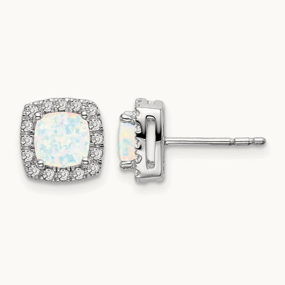 Cushion Created Opal and Diamond Halo Earrings, 14K White Gold
