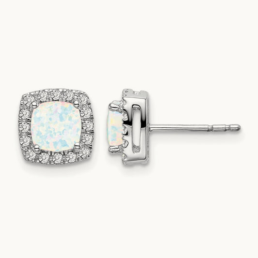 Cushion Created Opal and Diamond Halo Earrings, 14K White Gold