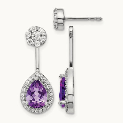 Diamond/Pear Amethyst Front/Back Earrings, 14K White Gold