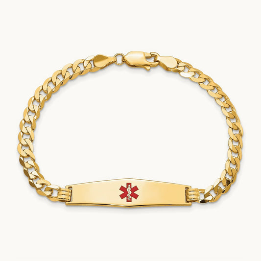 Medical Soft Diamond Shape Red Enamel Flat Curb Link ID Bracelet, 14K