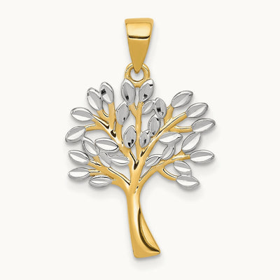w/Rhodium Diamond Cut Tree Pendant, 14K