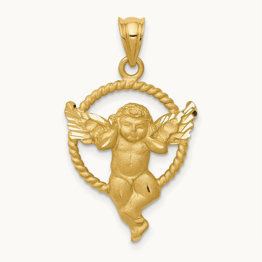 Satin Angel in Circle Pendant, 14K