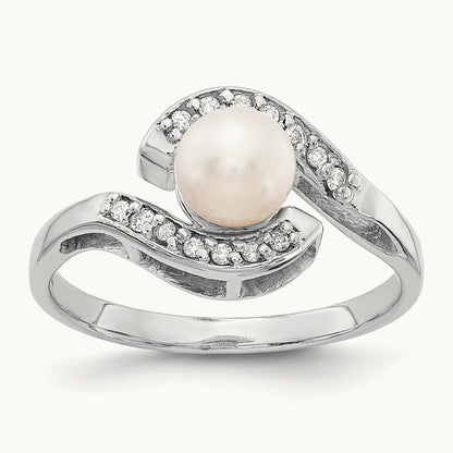 FW Cultured Pearl AA Diamond ring, 5.5mm, 14K White Gold