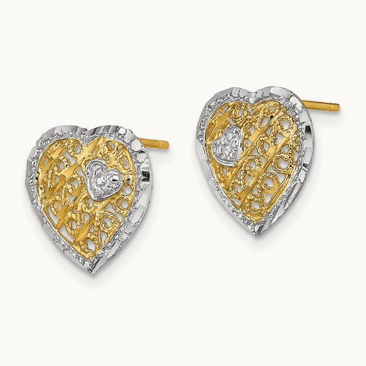 w/ RH Filigree Heart Post Earrings, 14K