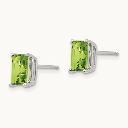 7x5mm Emerald Cut Peridot Earrings, 14K White Gold