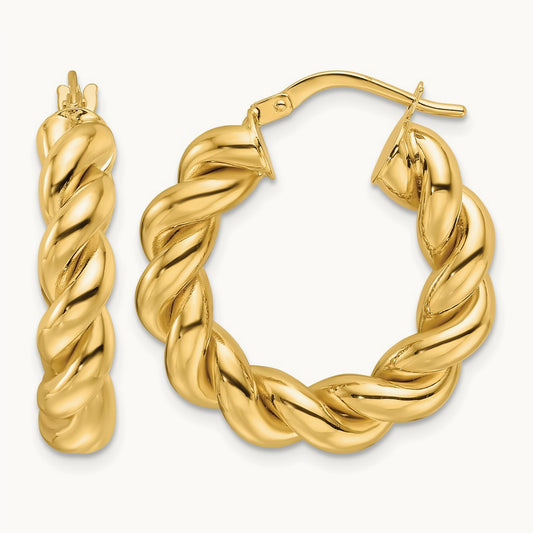 Polished Hollow Twisted Round Hoop Earrings — 14K Yellow Gold