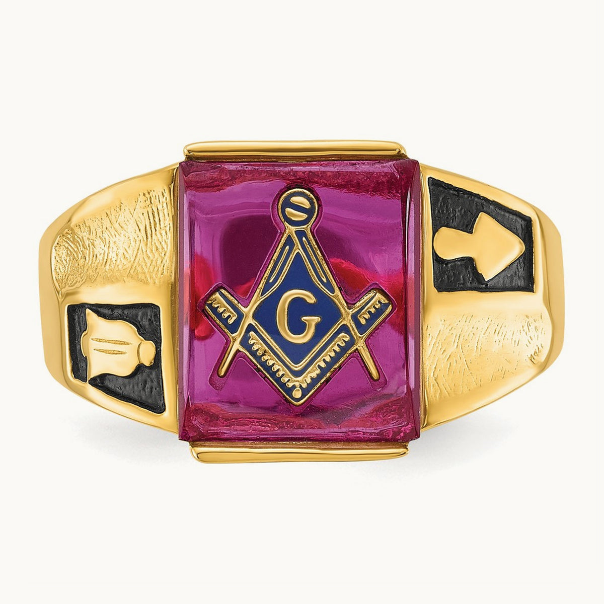Men's Textured w/ Black Enamel & Lab Cr. Ruby Masonic Ring, 14K