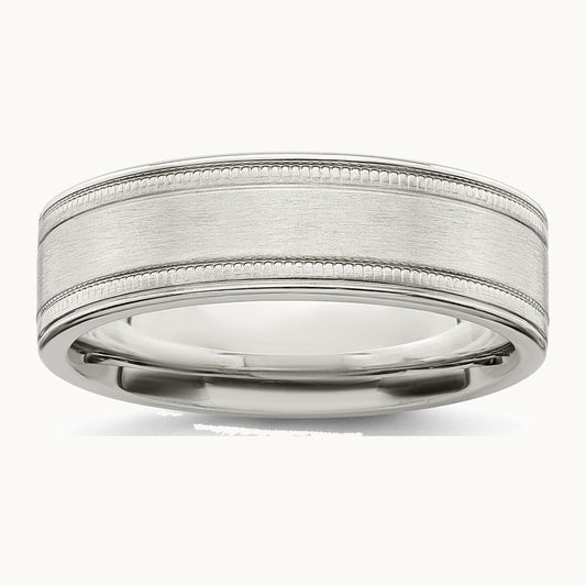 Sterling Silver 6mm Brushed Flat Milgrain Grooved Edge Fancy Band