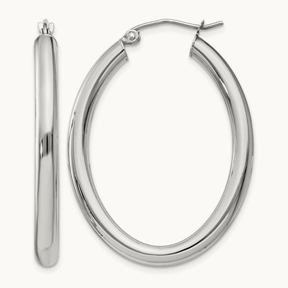 Polished Oval Tube Hoop Earrings — 14K White Gold