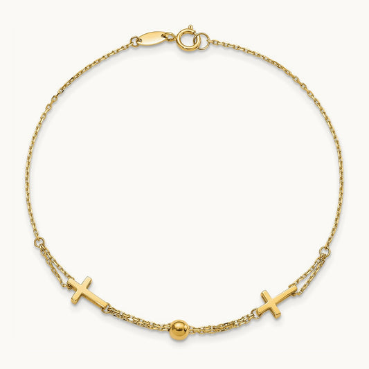 Polished Double Strand Cross 7.5in Bracelet, 14K