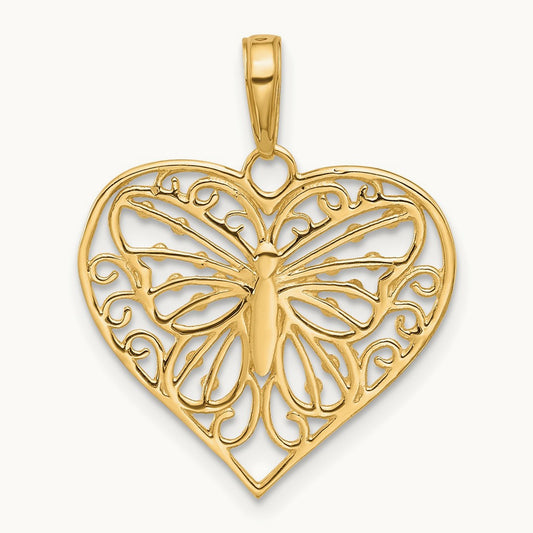 D/C Butterfly Heart Pendant, 14K with White Rhodium
