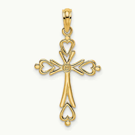 Cross Cut-Out w/ Heart Ends Charm, 14K