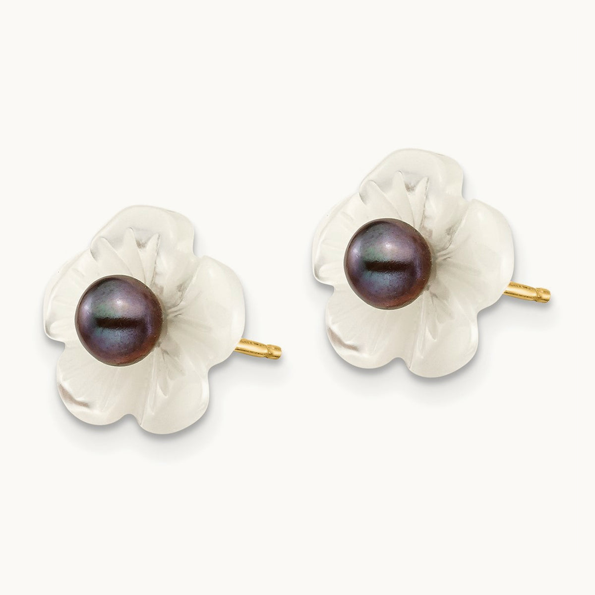 3- Black FW Cultured Pearl w/10 mm MOP Flower Post Earrings, 4mm, 14K