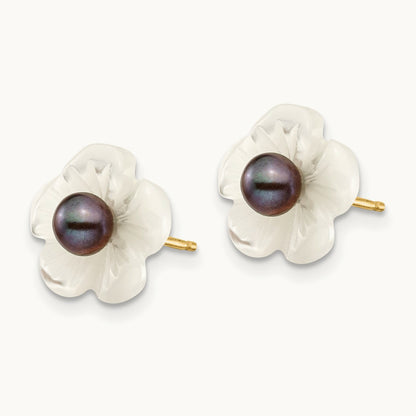 3- Black FW Cultured Pearl w/10 mm MOP Flower Post Earrings, 4mm, 14K