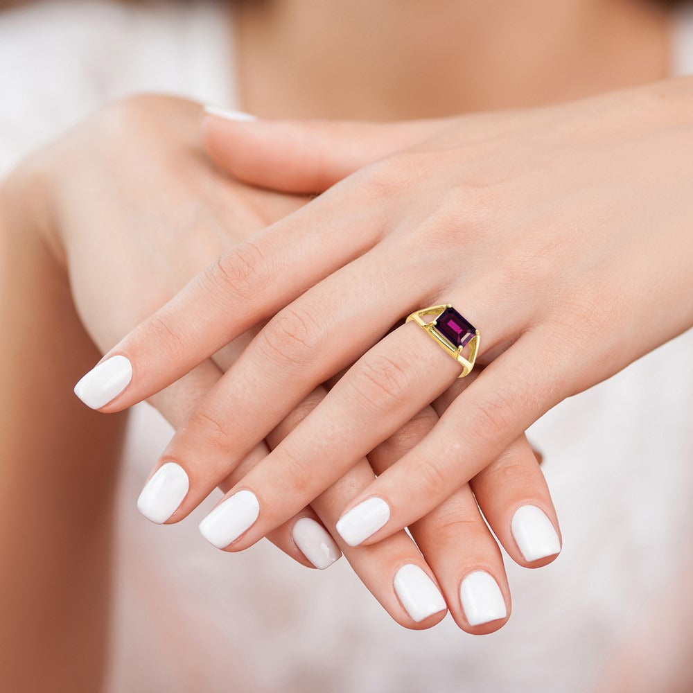 Emerald Cut Rhodolite Garnet ring — photo set