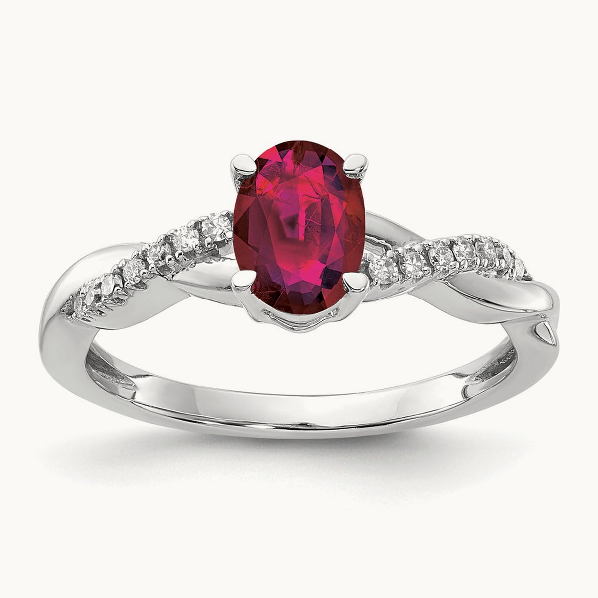 Oval Created Ruby and Lab-Grown Diamond Ring — 14K White Gold, 7