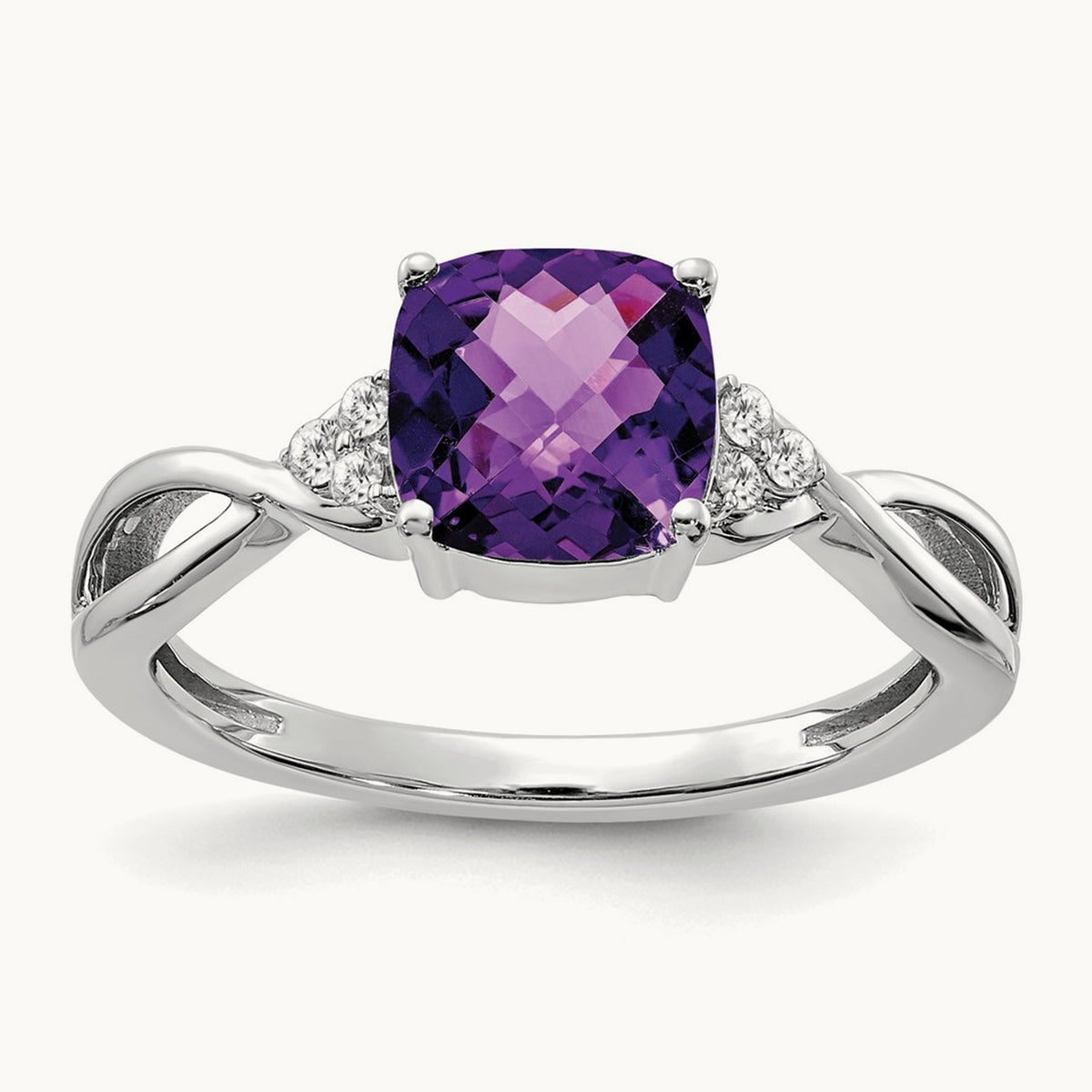Checkerboard Amethyst and Diamond Ring — 14K White Gold, 7