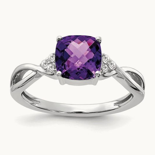 Checkerboard Amethyst and Diamond Ring — 14K White Gold, 7