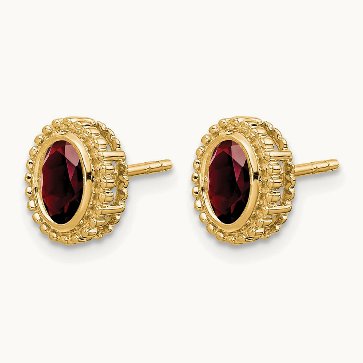 Oval Garnet Post Earrings — 14K Yellow Gold