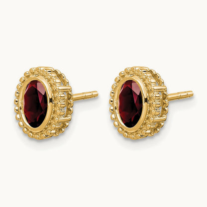 Oval Garnet Post Earrings — 14K Yellow Gold