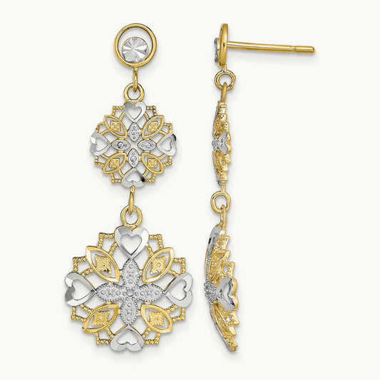 w/ Rhodium D/C Flower & Heart Dangle Earrings, 14K
