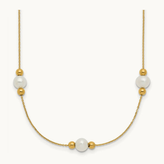 Polished FWC Pearl and Bead 3 Station 16in w/2 in ext. Necklace, 14K