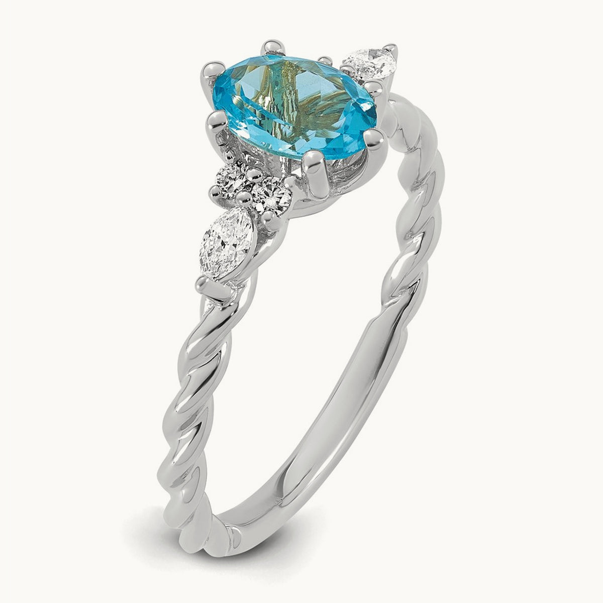Polished Diamond and Blue Topaz Twisted Ring — 14K White Gold