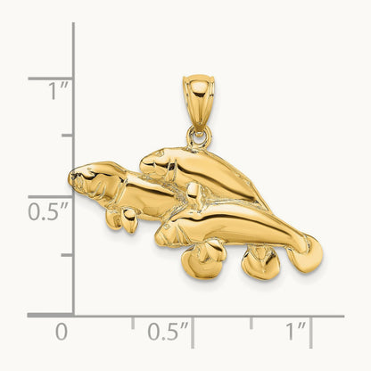 2-D /Polished Three Manatees Charm, 14K