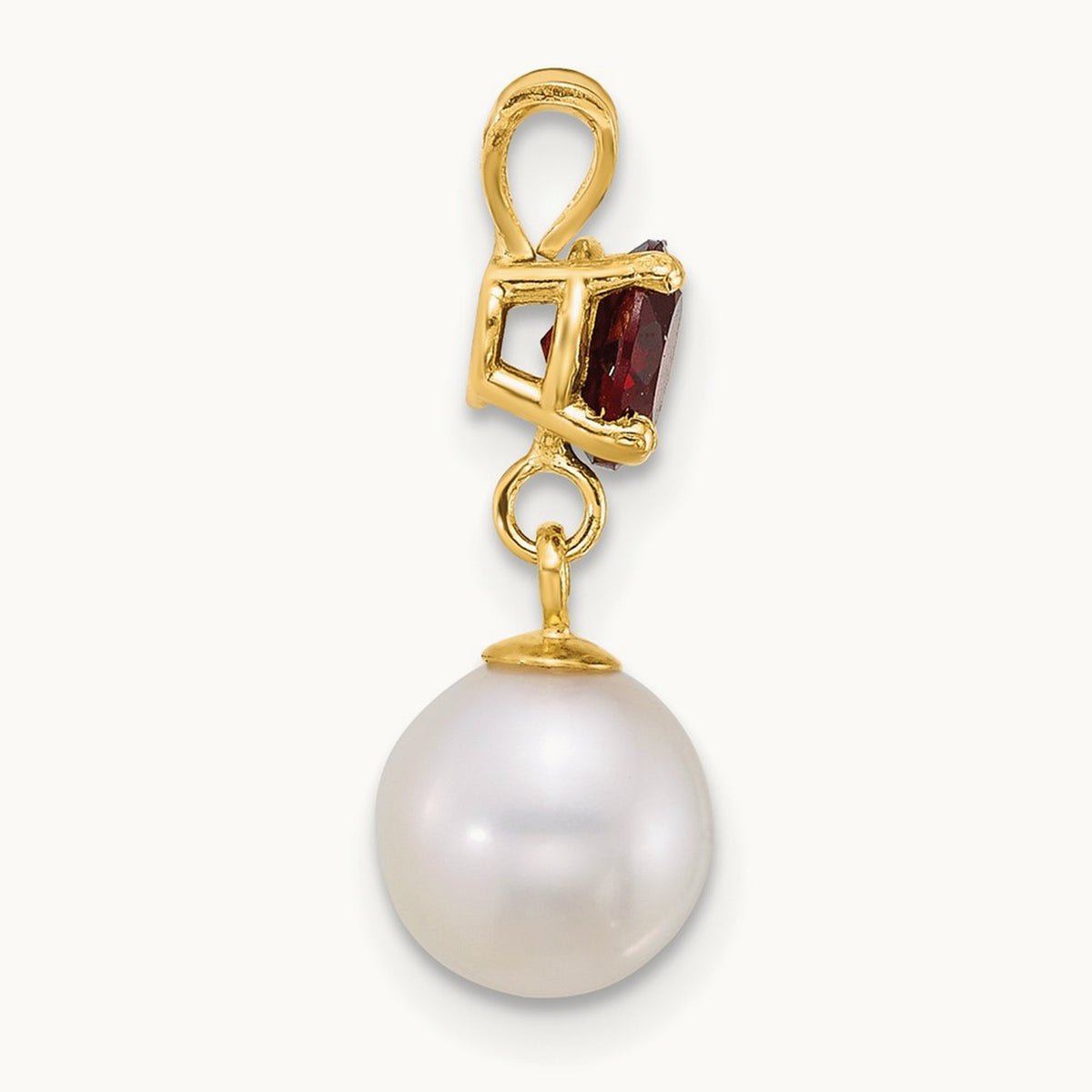 7- Round White FWC Pearl and Garnet Pendant, 8mm, 14K