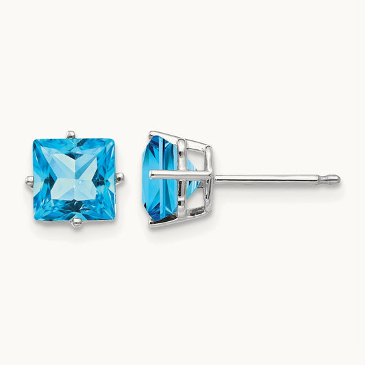 Princess Cut Blue Topaz Earrings, 6mm, 14K White Gold