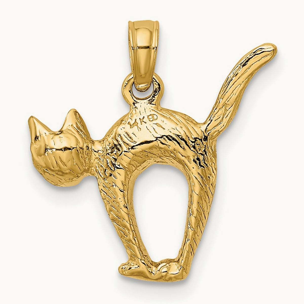 3-D Textured Arch Back and Raised Tail Cat Charm, 14K