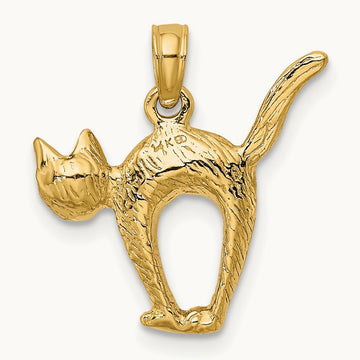 3-D Textured Arch Back and Raised Tail Cat Charm, 14K