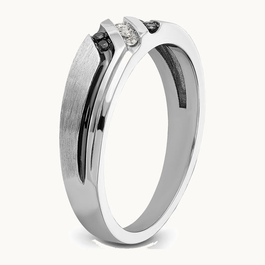 IBGoodman 14K White Gold with Black Rhodium Men's Polished Satin and Grooved 1/8 Carat AA Quality Black and White Diamond Ring