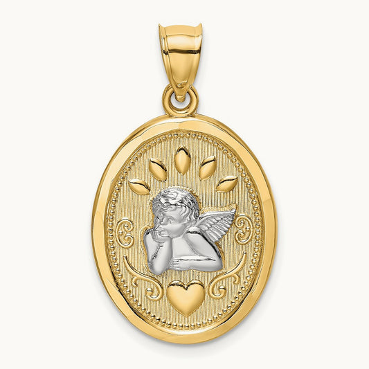 w/Rhodium Oval Cherub W/ Heart Charm, 14K
