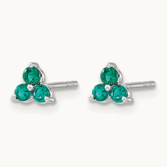 3-stone Created Emerald Triangle Earrings, 14K White Gold