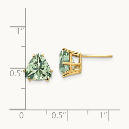Trillion Green Quartz Earrings, 8mm, 14K