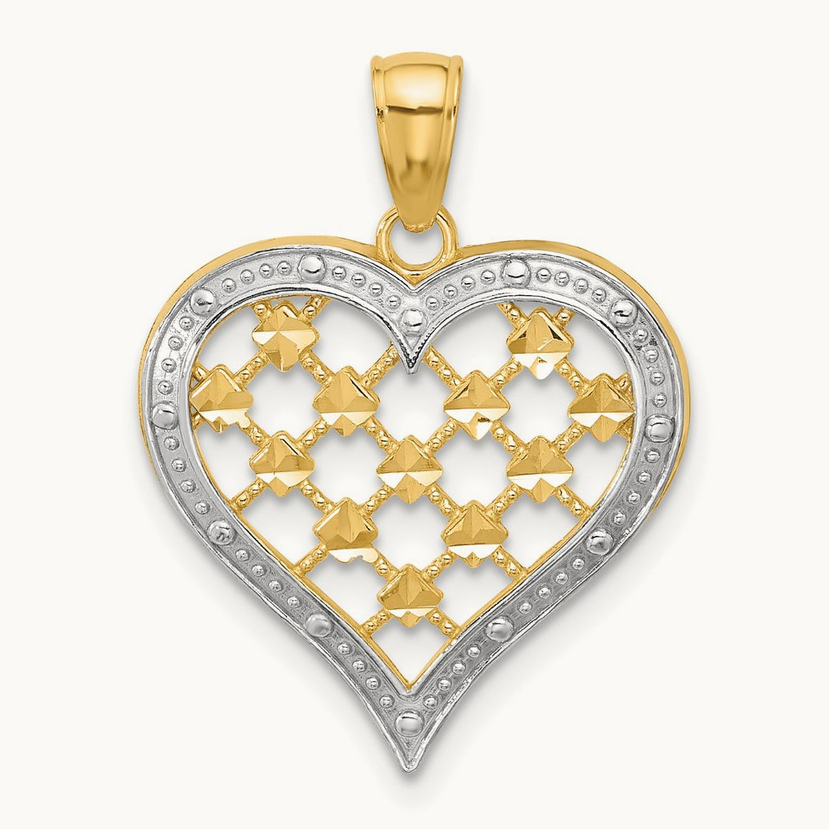 w/ Rhodium Edge Diamond-cut Heart Charm, 14K