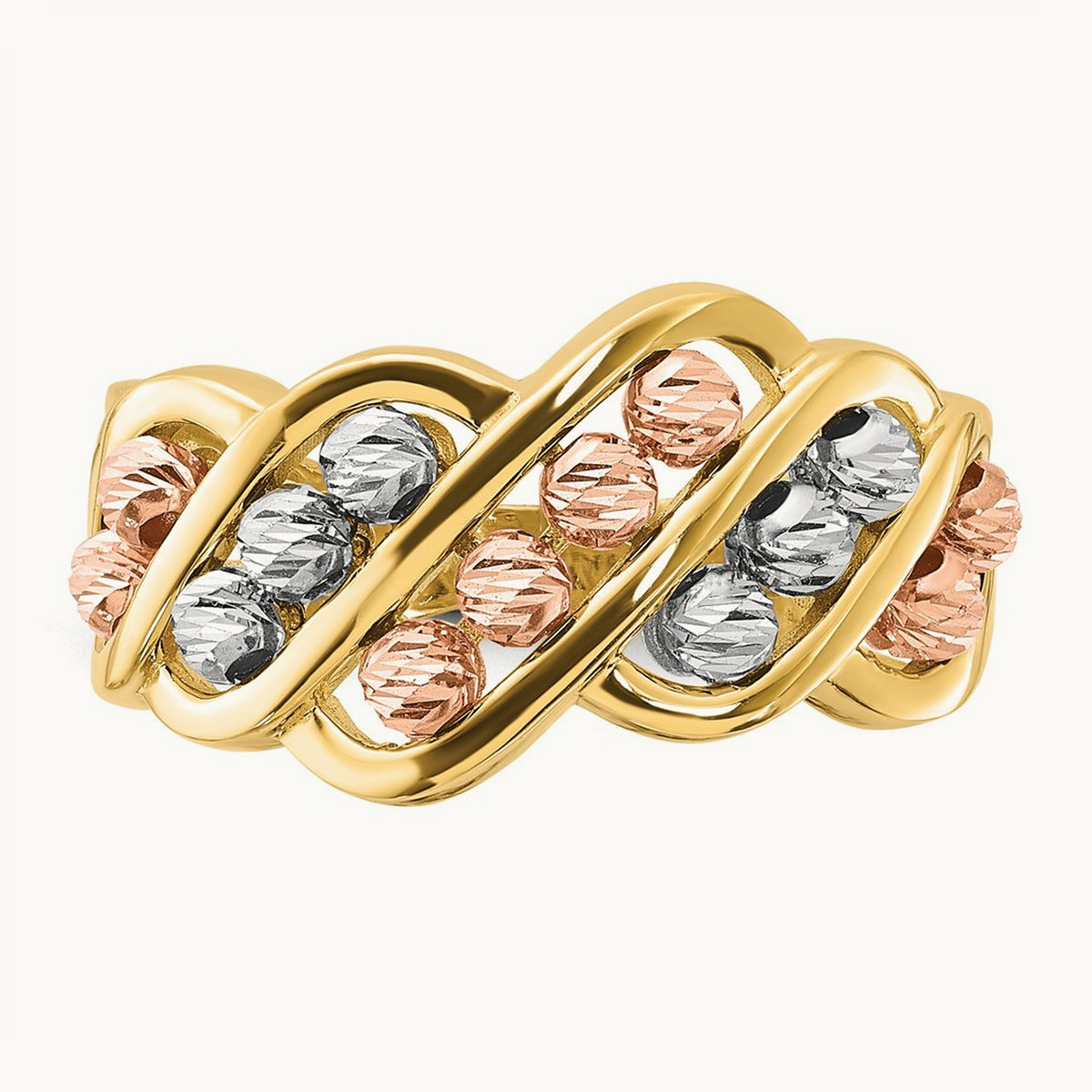 Tri-color Polished and Diamond-cut Beads Fashion Ring, 14K