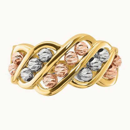 Tri-color Polished and Diamond-cut Beads Fashion Ring, 14K
