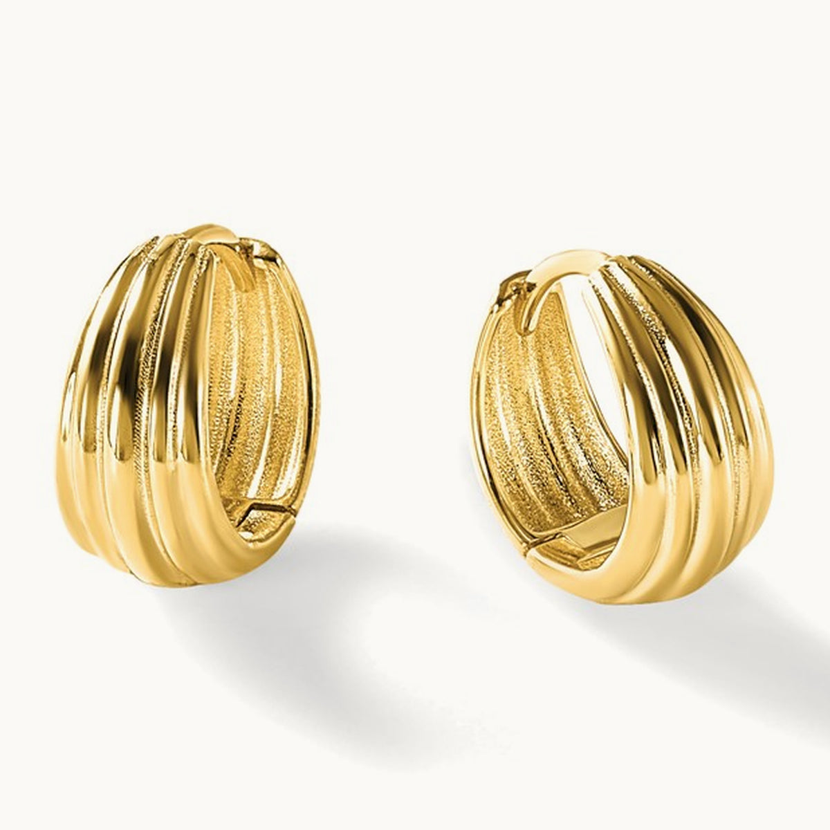 Polished/Grooved Round Huggie Hoop Earrings — 14K Yellow Gold