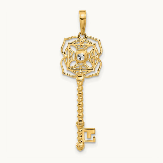D/C Floral Key Pendant, 14K with White Rhodium