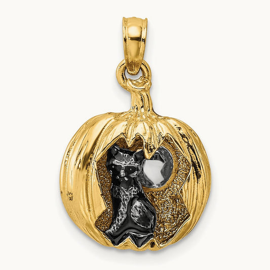 w/Rhodium 3-D Jack-o-Lantern w/Enameled Black Cat and Moon Charm, 14K