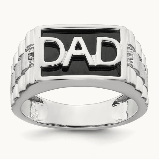 Polished & Satin Onyx & Diamond DAD Mens Ring, 14K White Gold