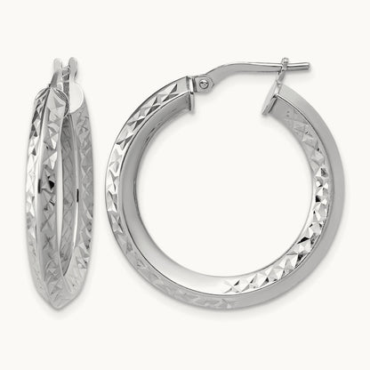 RH-plated Polished and Diamond-cut Hoop Earrings, Sterling Silver — Leslie's