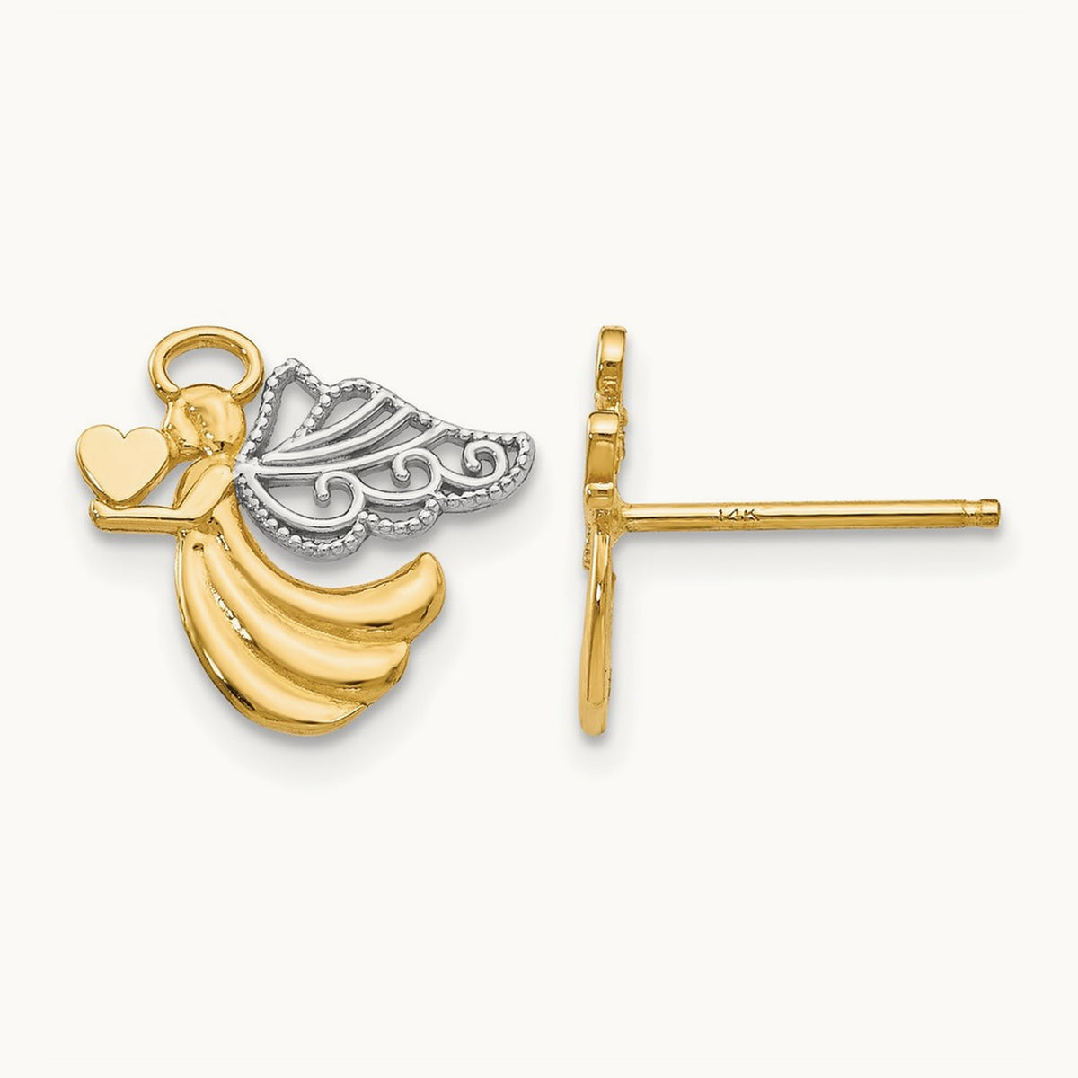 w/Rhodium Angel With Heart Post Earrings, 14K