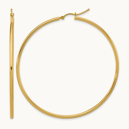 Polished Lightweight Tube Hoop Earrings — 10K Yellow Gold, 2x60mm