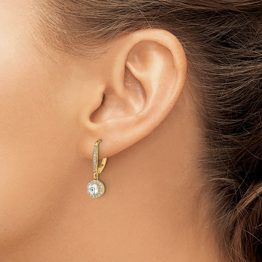 Round Halo Drop Leverback Earrings, 1.00 ct tw Lab-Grown Diamond — 14K Yellow Gold