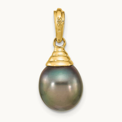 9- Teardrop Black Saltwater Tahitian Pearl Pendant — 14K Yellow Gold