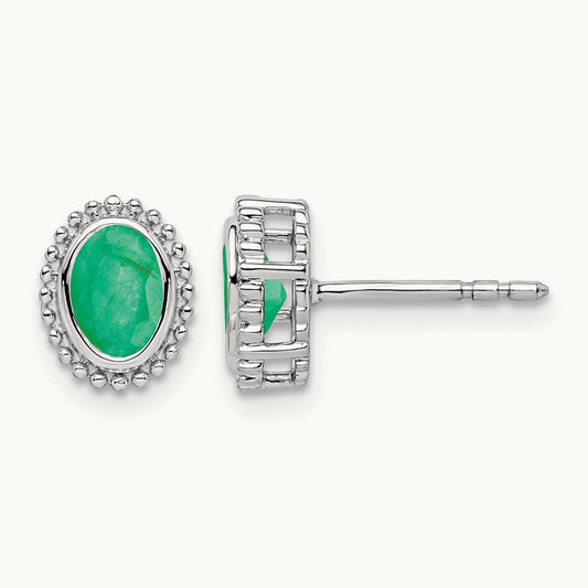 Oval Emerald Post Earrings — 14K White Gold
