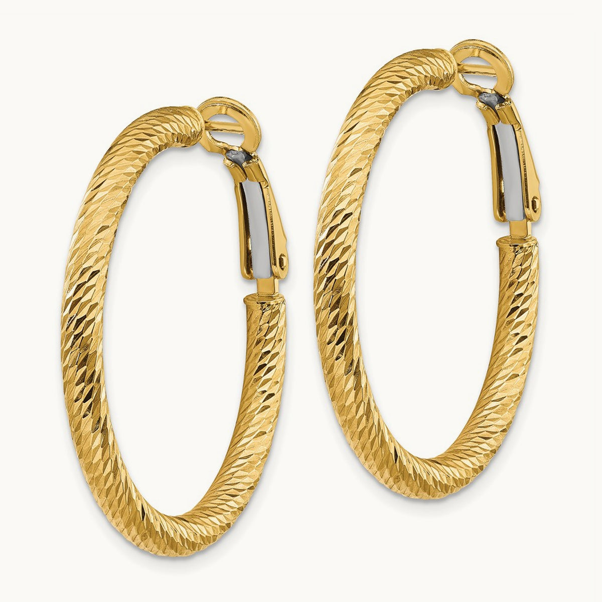 Diamond-cut Round Omega Back Hoop Earrings — 14K Yellow Gold, 3x32mm